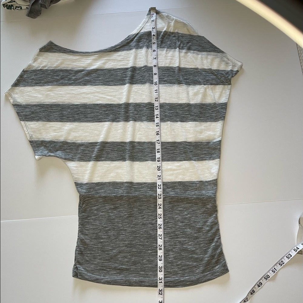1108- Over the shoulder gray and white stripe long top-Medium